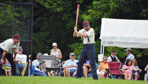 Photo by Dan Andrews. Knoxville Holstons captain Adam “Butter Bean” Alfrey delivers a pitch in a vintage baseball game at the Historic Ramsey House. Alfrey pitched eight innings in Knoxville’s 14-7 loss to the Dry Town Boys of Roane County. 