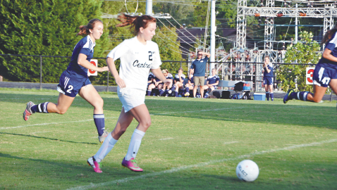 Photo by Dan Andrews. Central High’s Bailey Maybrier races past William Blount defenders and goes on the attack in the Lady Bobcats’ 3-0 victory over the Lady Governors Tuesday night in Fountain City. Maybrier had a goal and an assist in the match at Dan Y. Boring Stadium. 