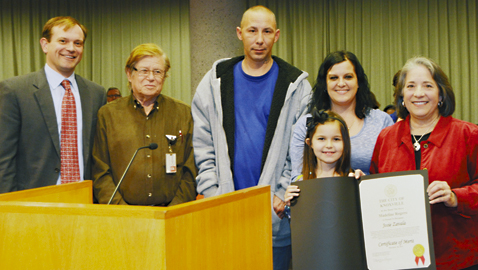 Photo by Dan Andrews. Josie Zavala is presented a Certificate of Merit by Knoxville Mayor Madeline Rogero. Pictures, left to right, are Councilman Marshal Stair, Jack Mooney, Joe Zavala (Josie’s father), Teresa Lowe (Josie’s mother) and Josie and the mayor. Jack and Mae Mooney were credited with teaching Josie how to use 911 at a Safety City class.