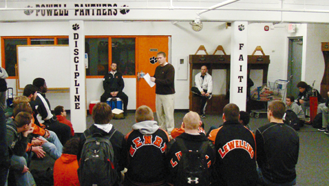 PHOTO BY STEVE WILLIAMS New head coach Rodney Ellison meets with the Powell football team for the first time Thursday, Jan. 8. He plans to bring stability to the Panthers’ program.