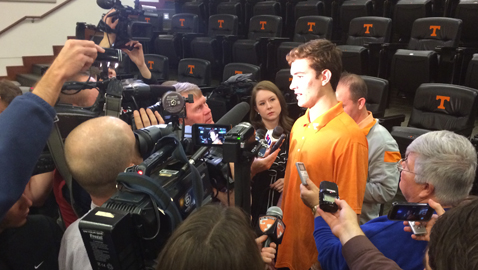 Tennessee freshman quarterback Quinten Dormady meets with the Knoxville media for the first time.  Dormady is one of ten early enrollees already on campus as part of the Vols Class of 2015. 