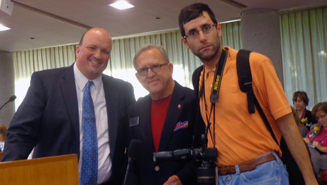 The Knox County Commission voted Monday to declare April Parkinson's Awareness Month. Chairman Brad Anders (left), Allen Zimmerman and Knoxville Focus Reporter Dan Andrews were mentioned in the effort to study the disease. Andrews was praised for his effort to take part in various tests and medical research. (Photo by Mike Steely)