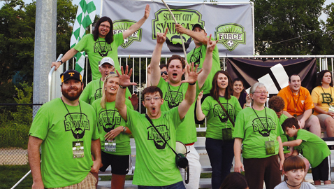 Photo by Dan Andrews. Members of the Knoxville Force Fan Club, the Scruffy City Syndicate, cheer on Knoxville’s semi-pro soccer club at a game Thursday night. The Force lost 2-1 to New Orleans.
