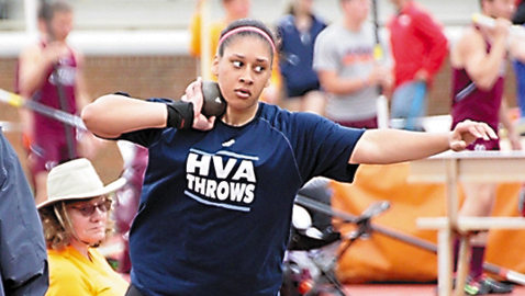 PHOTO BY LUTHER SIMMONS Tamia Crockett, Hardin Valley Academy's female Student-Athlete of the Year, competes in the discus event at this year's Sea Ray Relays at UT. Crockett added two more state titles to her collection in the TSSAA Class AAA state meet.
