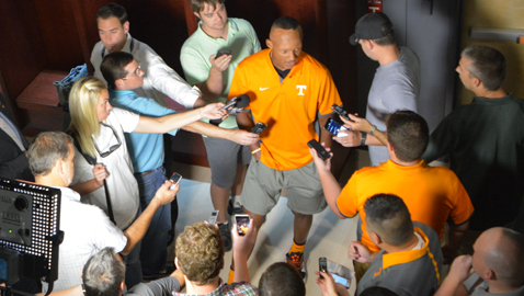 Photo by Dan Andrews. UT quarterback Joshua Dobbs answers questions from the media at a press conference last week.